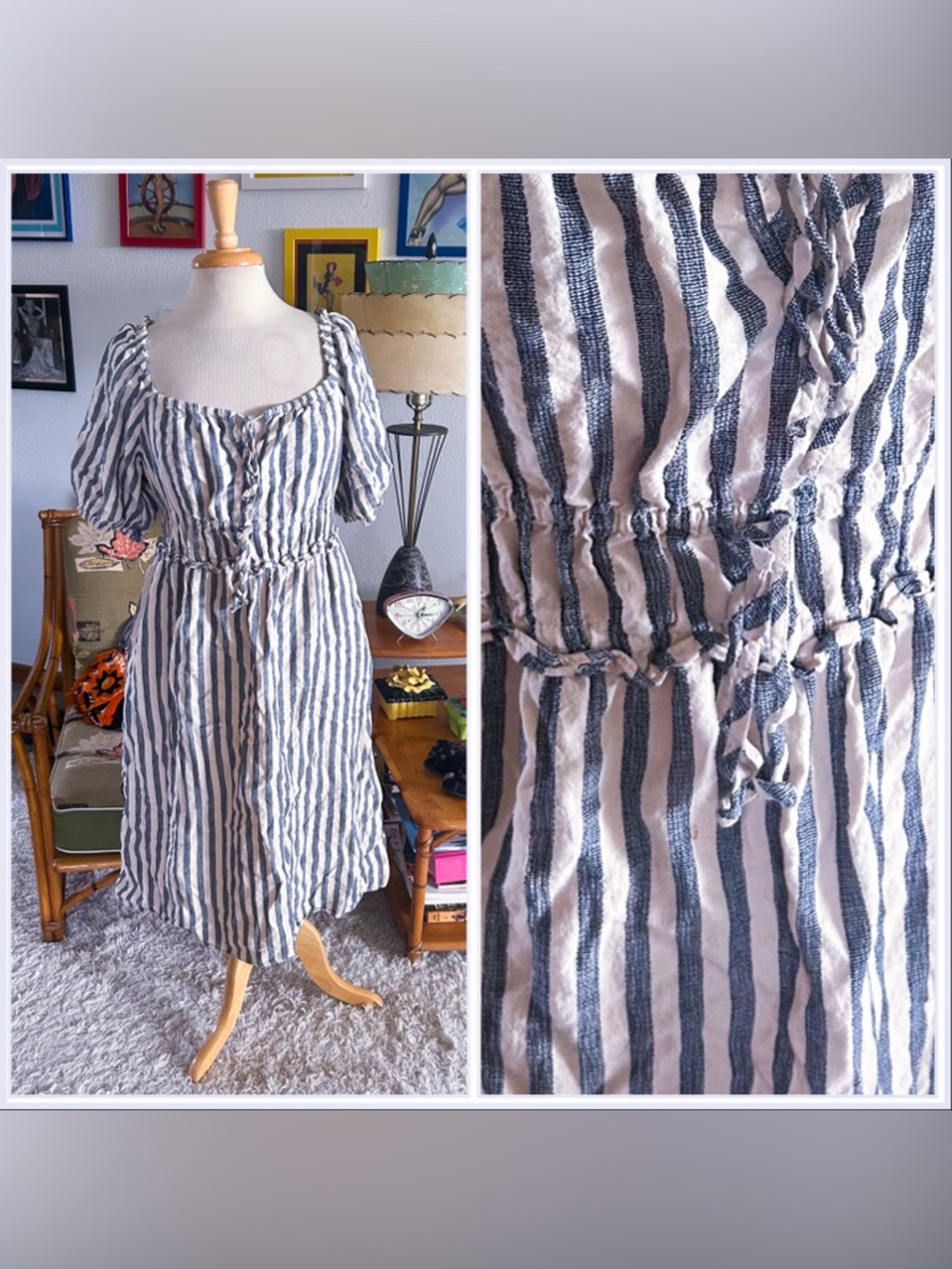 Retro Dress | 1940s Style | Blue Stripe | Peasant | L XL | 40s